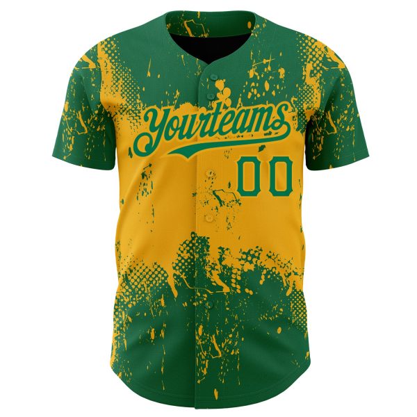Custom Kelly Green Gold 3D Pattern Design Abstract Splatter Grunge Art Authentic Baseball Jersey - Image 2