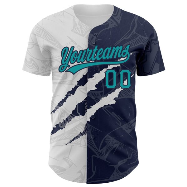 Custom Graffiti Pattern Teal-Navy 3D Scratch Authentic Baseball Jersey - Image 2