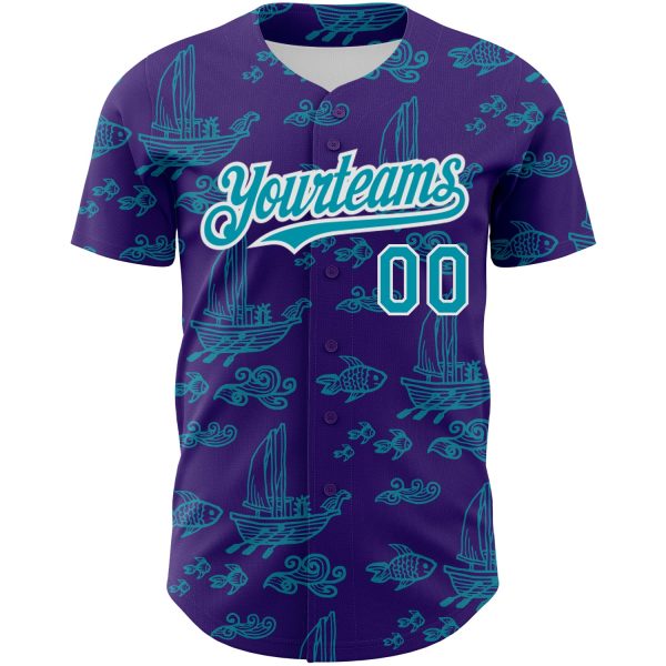 Custom Purple Teal-White 3D Pattern Design Boats And Fish Authentic Baseball Jersey - Image 2