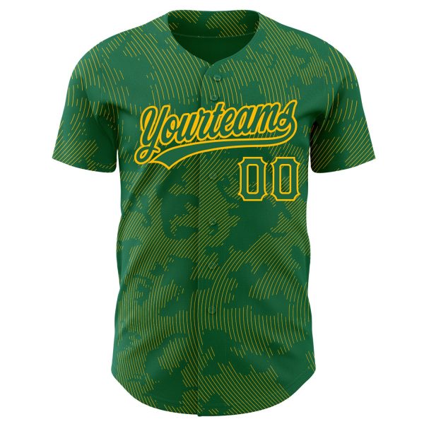 Custom Kelly Green Gold 3D Pattern Design Curve Lines Authentic Baseball Jersey - Image 2