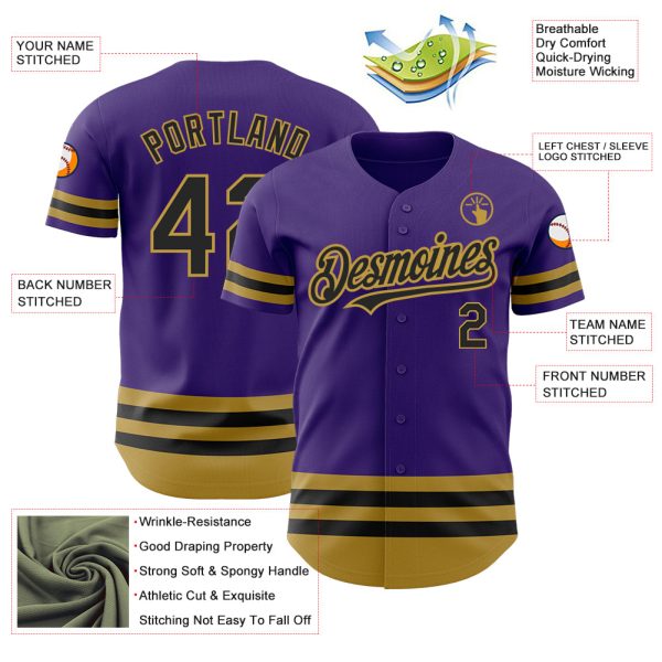 Custom Purple Black-Old Gold Line Authentic Baseball Jersey - Image 3