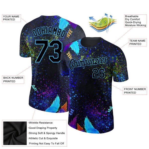 Custom Black Sky Blue 3D Pattern Design Holi Festival Color Powder Performance T-Shirt - Image 2