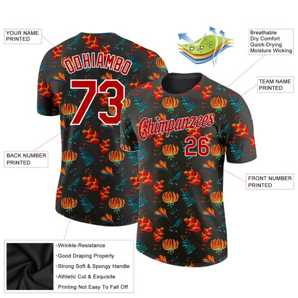 Custom Black Red-White 3D Pattern Design Tropical Hawaii Flower Performance T-Shirt - Image 2