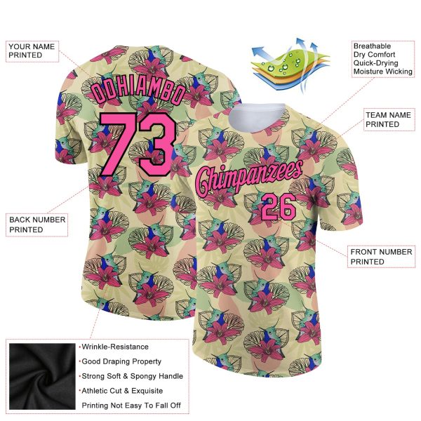Custom City Cream Pink-Black 3D Pattern Design Tropical Hawaii Colibri And Flower Performance T-Shirt - Image 2