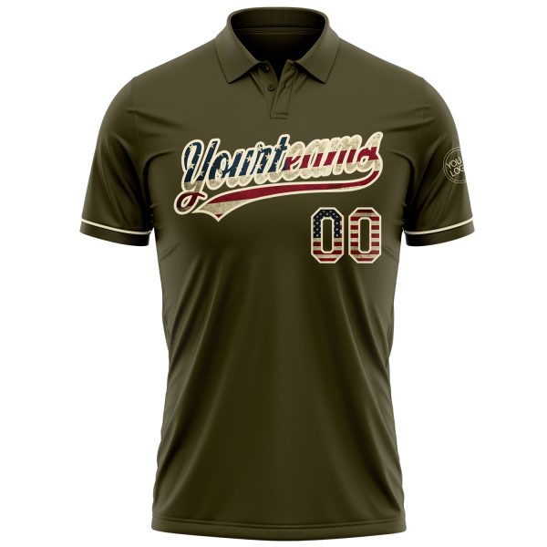 Custom Olive Vintage USA Flag-Cream Performance Vapor Salute To Service Golf Polo Shirt - Image 2