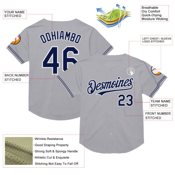 Custom Gray Navy-White Mesh Authentic Throwback Baseball Jersey - Image 3