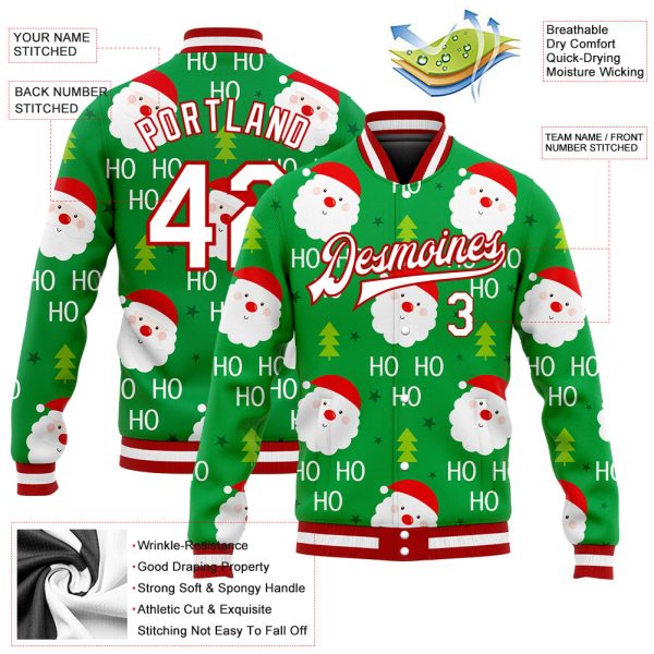 Custom Kelly Green White-Red Christmas 3D Bomber Full-Snap Varsity Letterman Jacket - Image 3