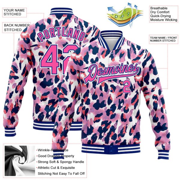 Custom White Pink-Royal Leopard Print 3D Pattern Design Bomber Full-Snap Varsity Letterman Jacket - Image 3
