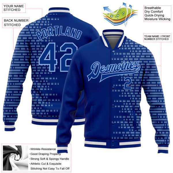 Custom Royal Light Blue-White Halftone 3D Pattern Design Bomber Full-Snap Varsity Letterman Jacket - Image 3