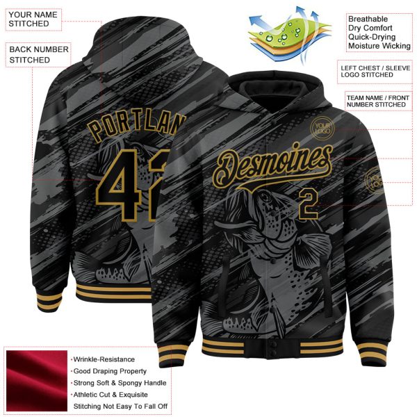Custom Black Old Gold Largemouth Bass Fish Fishing 3D Bomber Full-Snap Varsity Letterman Hoodie Jacket - Image 3