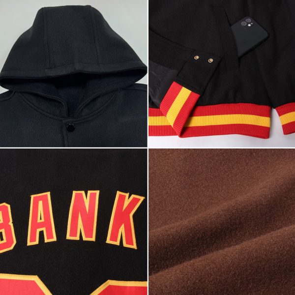 Custom Brown Orange-White Bomber Full-Snap Varsity Letterman Hoodie Jacket - Image 2