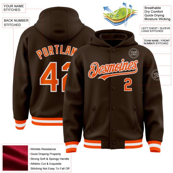 Custom Brown Orange-White Bomber Full-Snap Varsity Letterman Hoodie Jacket - Image 3