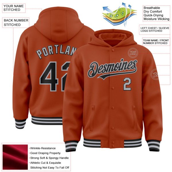 Custom Texas Orange Black-Gray Bomber Full-Snap Varsity Letterman Hoodie Jacket - Image 3