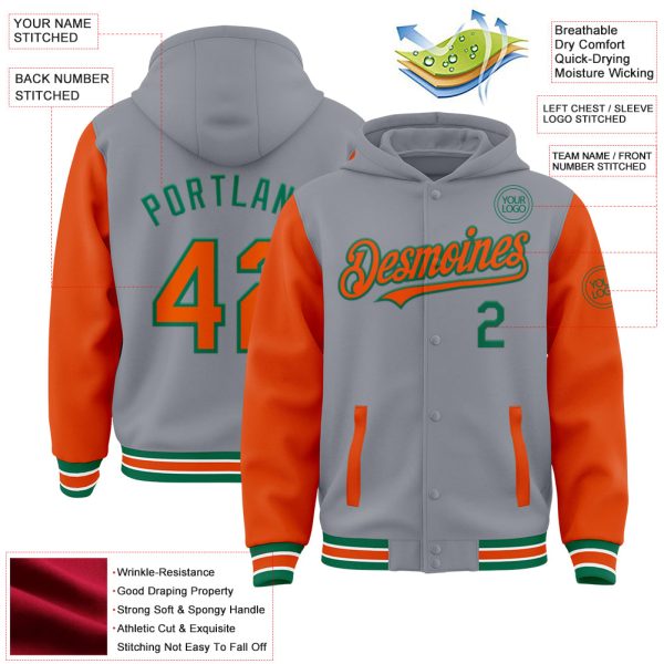 Custom Gray Orange-Kelly Green Bomber Full-Snap Varsity Letterman Two Tone Hoodie Jacket - Image 3