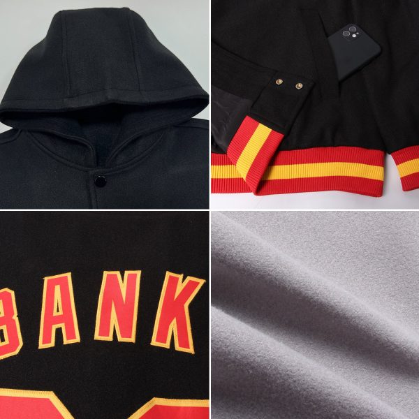 Custom Gray Navy-Gold Bomber Full-Snap Varsity Letterman Two Tone Hoodie Jacket - Image 2