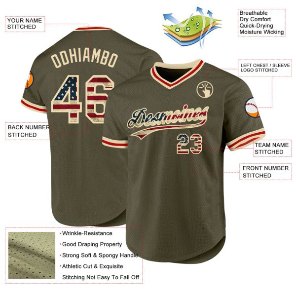 Custom Olive Vintage USA Flag Cream-Red Authentic Throwback Salute To Service Baseball Jersey - Image 3