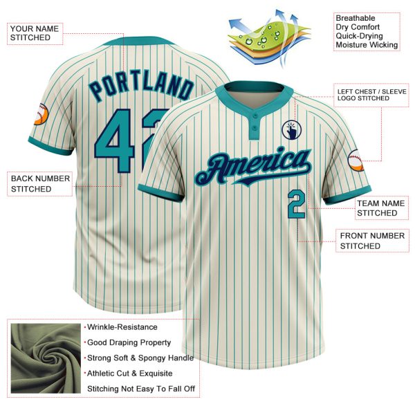 Custom Cream Teal Pinstripe Navy Two-Button Unisex Softball Jersey - Image 3