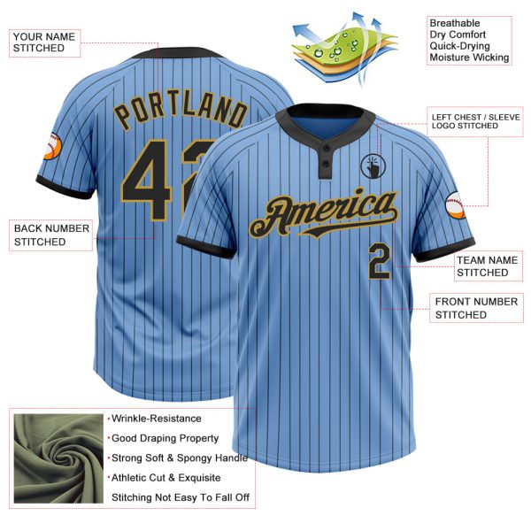Custom Light Blue Black Pinstripe Old Gold Two-Button Unisex Softball Jersey - Image 3