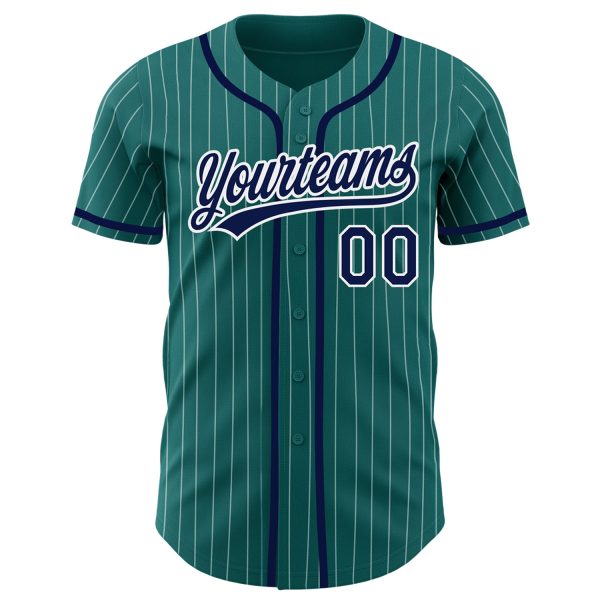 Custom Teal White Pinstripe Navy Authentic Baseball Jersey - Image 2