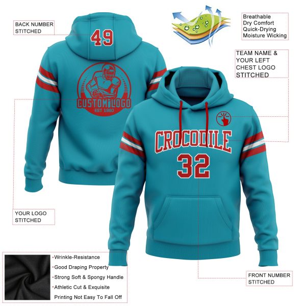 Custom Stitched Teal Red-White Football Pullover Sweatshirt Hoodie - Image 2