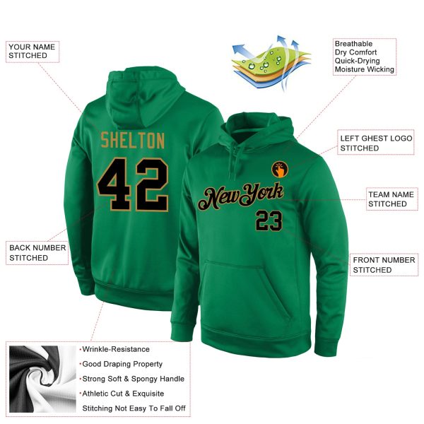Custom Stitched Kelly Green Black-Old Gold Sports Pullover Sweatshirt Hoodie - Image 4
